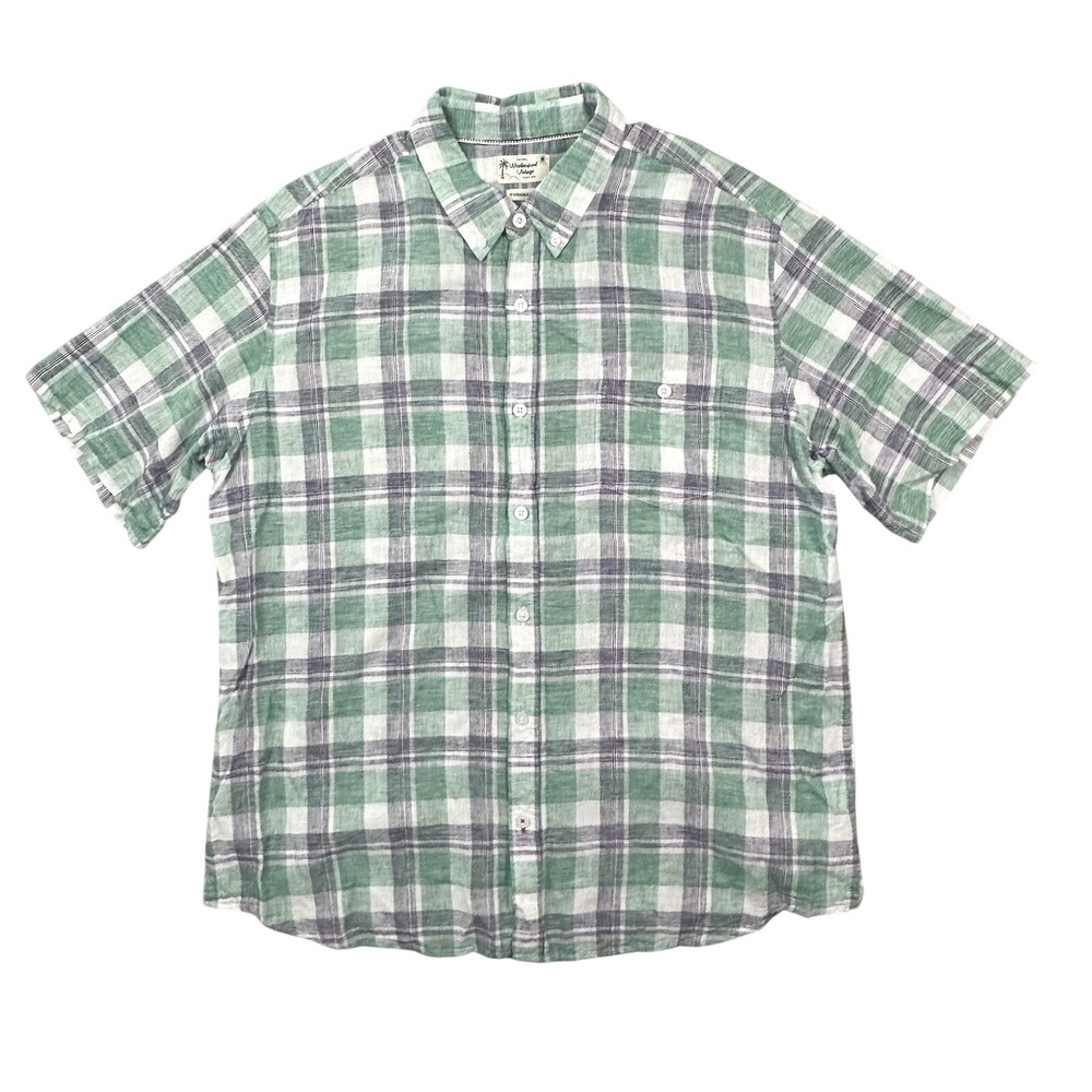 Weatherproof Vintage XXL Linen Cotton Plaid Button Down Shirt Green Coastal